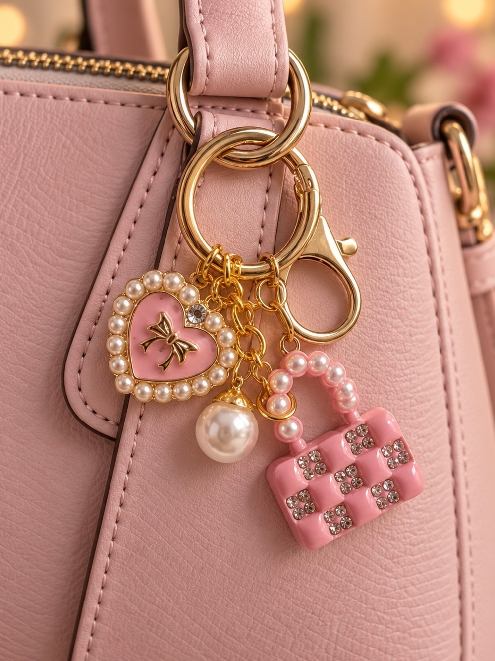 Pink Pearl Bow Heart Purse Bag Charm Keychain New